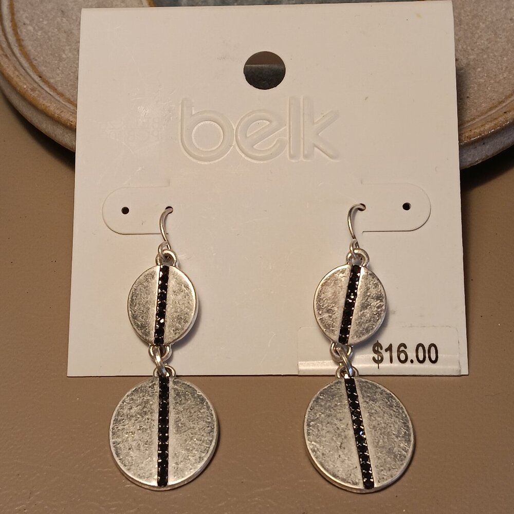belk silver-tone double disc linear black pave rhinestone accent earrings - NWT